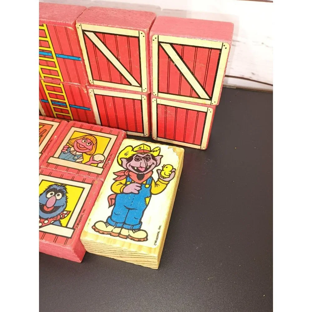 Vintage 1980s Sesame Street Wooden Blocks With Farm Characters & Barn Doors Educ